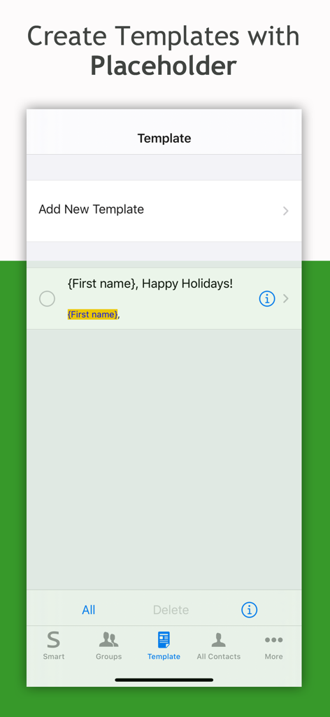 Smart Group: Email, SMS/Text - Mobile app screen showing the creation of message templates with placeholders for personalized contact names.
