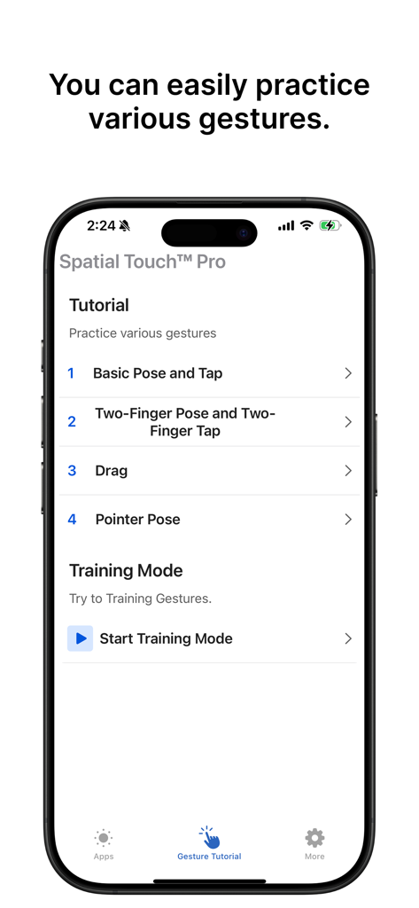 Spatial Touch™ - Menú de tutorial en la aplicación Spatial Touch que muestra opciones para practicar poses básicas, toques y arrastres con gestos aéreos en un iPhone.