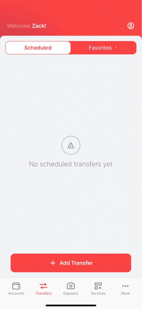 Scheduled transfers screen in the Self-Help Federal Credit Union mobile app showing no pending transactions and an add transfer button