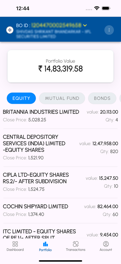 Captura de pantalla de la aplicación CDSL MyEasi mostrando un portafolio de acciones detallado con valor total y tenencias de acciones individuales.