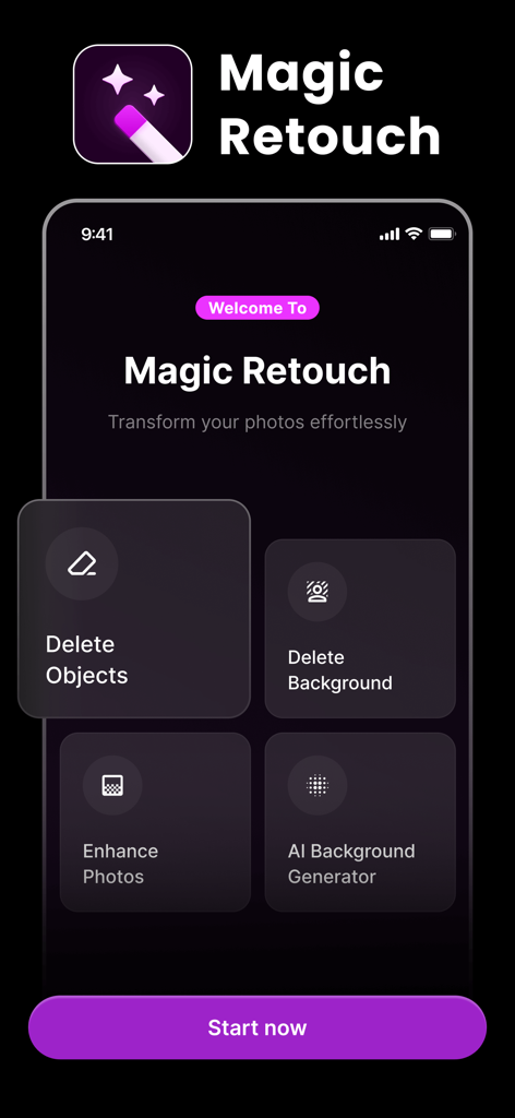 Welcome screen of the Magic Eraser app showing editing options for deleting objects and enhancing photos