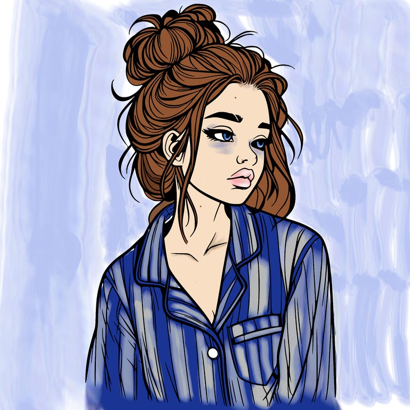realistic woman with pajamas on and a messy bun