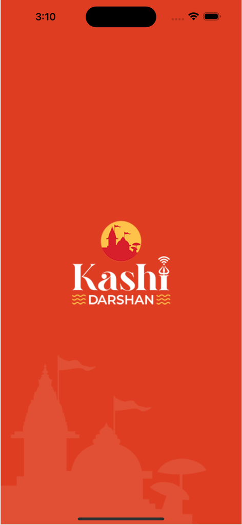 Kashi Darshan - Kashi Darshan app splash screen featuring a red background and temple logo