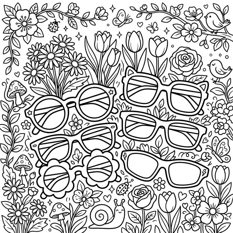 Celebrate the joy of spring with this delightful coloring page featuring an array of trendy kids' eyewear. Adorned with blooming flowers and charming garden friends, it's perfect for a burst of creative color.