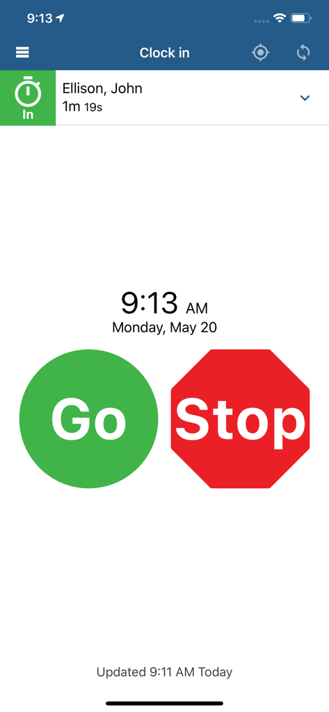 ExakTime Mobile clock in screen with large Go and Stop buttons for employee time tracking
