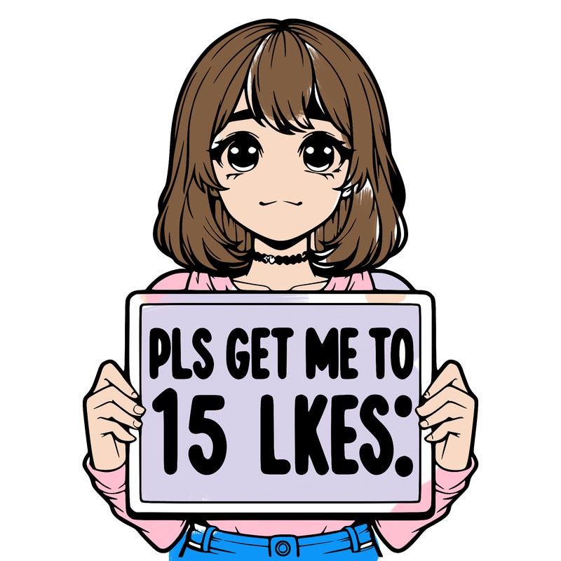 realistic girl holding up a sign that says “pls get me to 15 likes!”