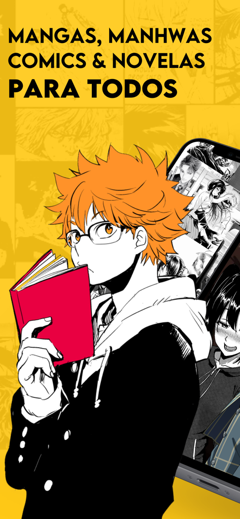 Mango Manga: Comics y Novelas - Mango Manga app promo showing anime character with a book and a smartphone displaying digital comics