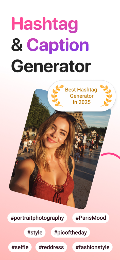 Interface do aplicativo Gerador de Hashtags e Legendas mostrando uma foto de uma mulher em Paris com hashtags sugeridas