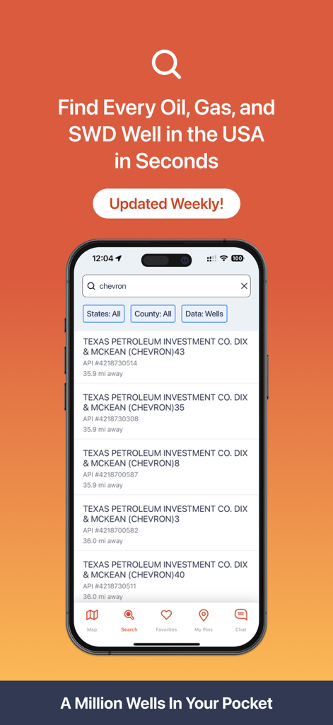 Wellsite Navigator app showing search results for oil and gas wells with API numbers