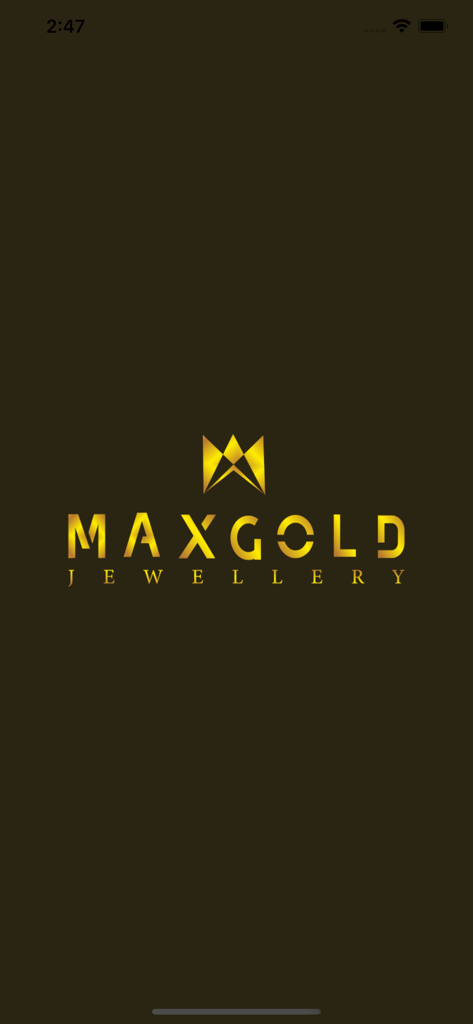 MAX GOLD - The splash screen of the MAX GOLD Jewellery mobile app showing a gold crown icon and logo on a dark background.