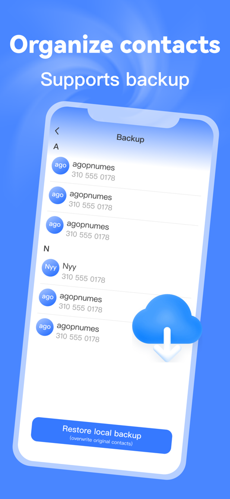 Boost AI Cleaner: PhoneStorage - Boost AI Cleaner app screen showing contact organization and local backup restore features