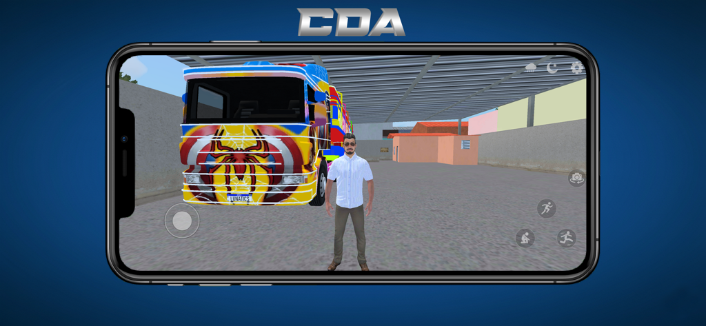 Carreta Da Alegria (Truck) - A character standing in front of a colorful superhero themed truck in the Carreta Da Alegria game environment
