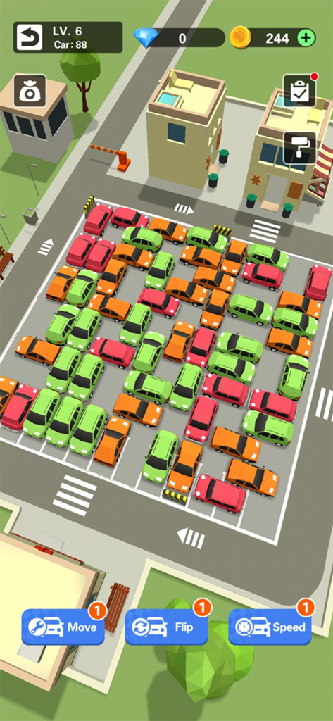 Crazy Parking Car Master - Vista 3D desde arriba de un puzle de aparcamiento abarrotado en el juego Crazy Parking Car Master