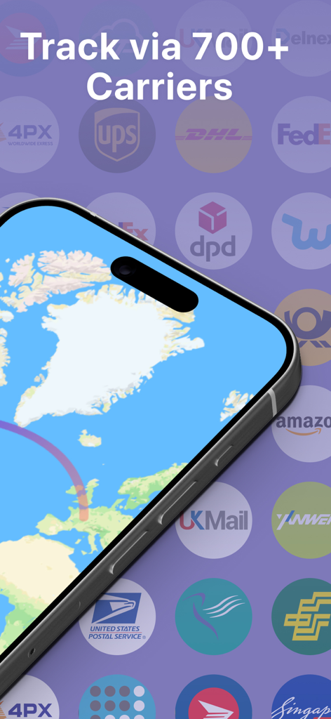 Package Tracker: Track Parcels - Un iPhone mostrando un mapa global de rastreo de paquetes contra un fondo de más de 700 logotipos de empresas de envío