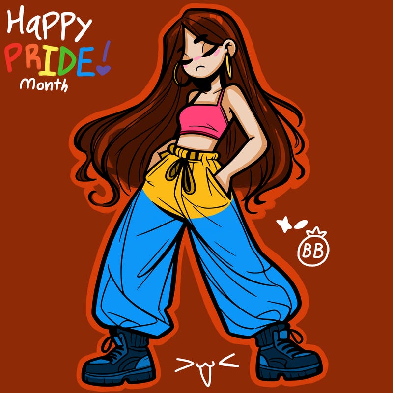 girl in baggy pants crop top and long hair