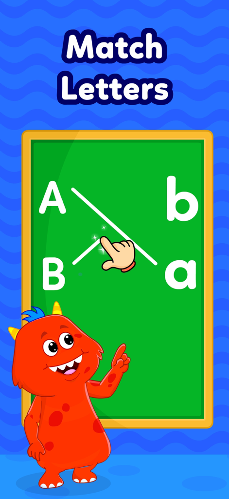 A fun letter matching game for kids featuring a red monster character