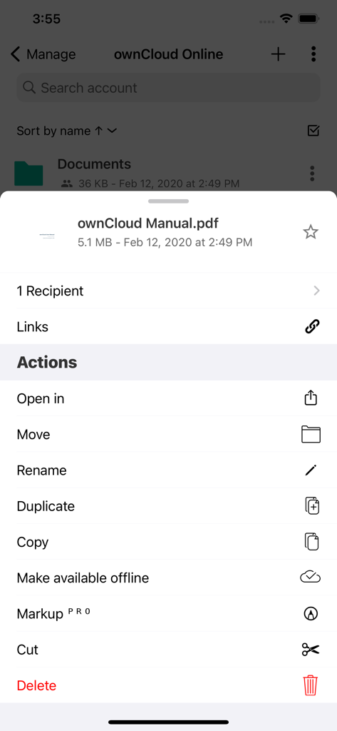 Una interfaz móvil que muestra opciones de acciones de archivo como abrir, mover, renombrar y duplicar para un PDF en ownCloud Online.