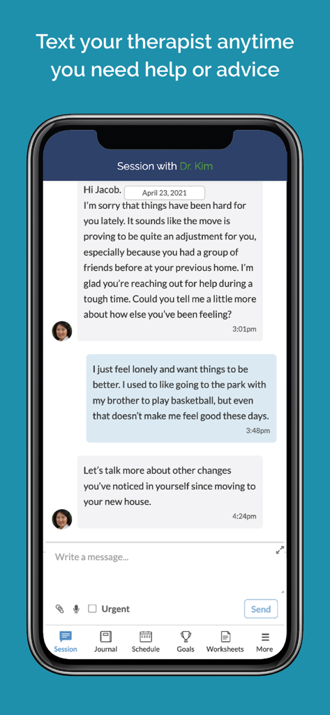 10대와 공인된 치료사 간의 사적인 문자 대화를 보여주는 모바일 앱 인터페이스.