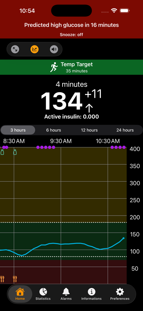 Guardian Monitor - Guardian Monitor app dashboard showing current glucose level of 134 and blood sugar trend graph over time.