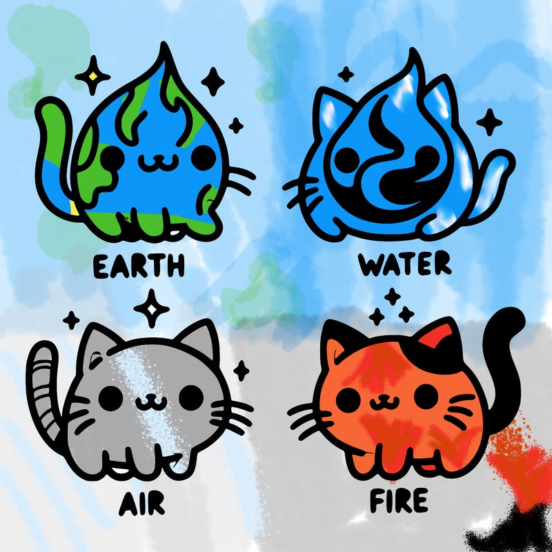 4 cats that represent the different elements, earth, water, air, and fire