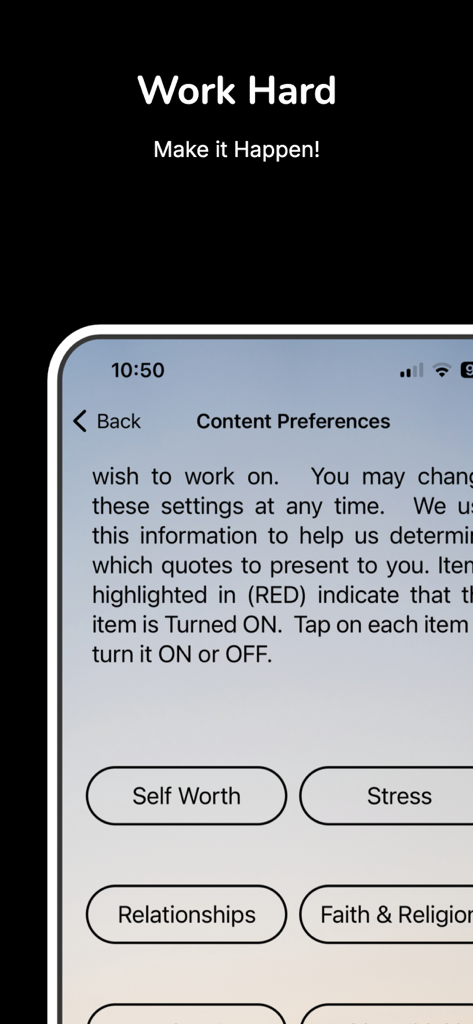Quote of the Day: Daily Wisdom - 自己肯定感やストレスなどのカテゴリを表示する「今日の名言」アプリのコンテンツ設定画面。
