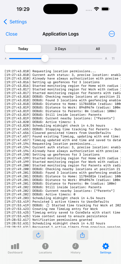 Time@Location application logs screen displaying background geofencing and time tracking events