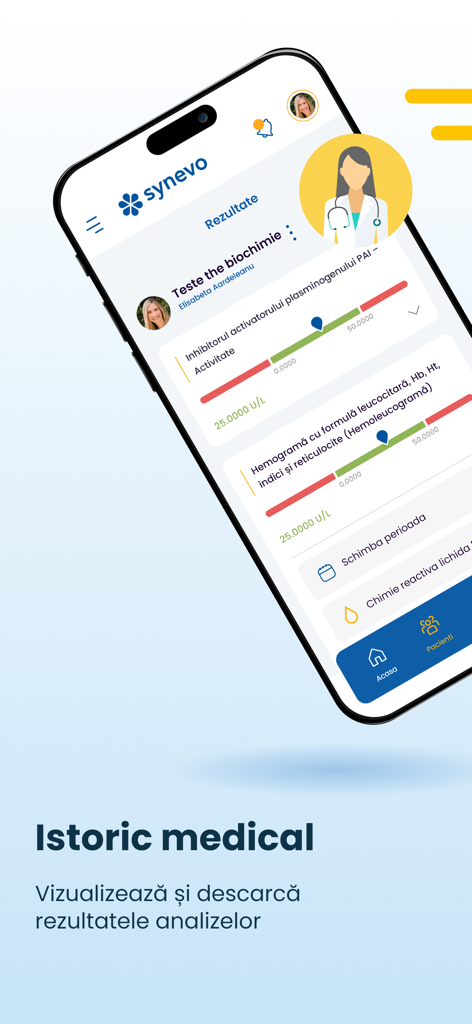 MySynevo - MySynevo app interface showing medical test results and history