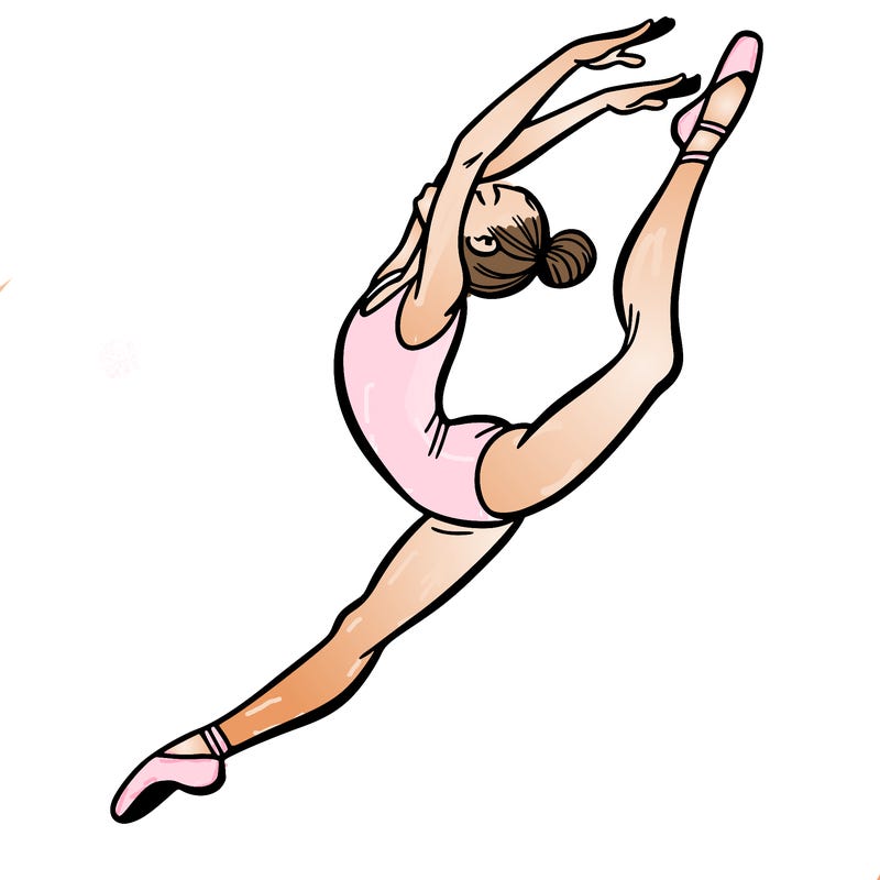 gymnast doing a leap in a leotard with a bent back leg