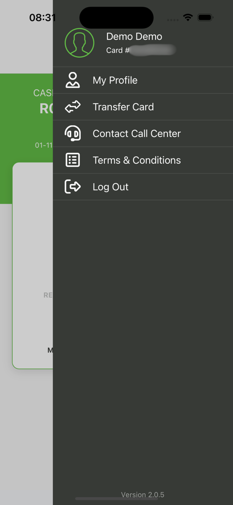 Side menu of the Infinity Rewards Card app displaying profile options and settings