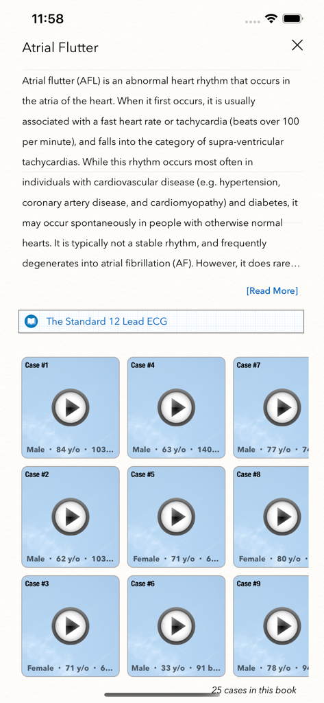 ECG Books Pro - Atrial Flutter educational page in the ECG Books Pro app showing a medical description and a grid of clinical patient cases.