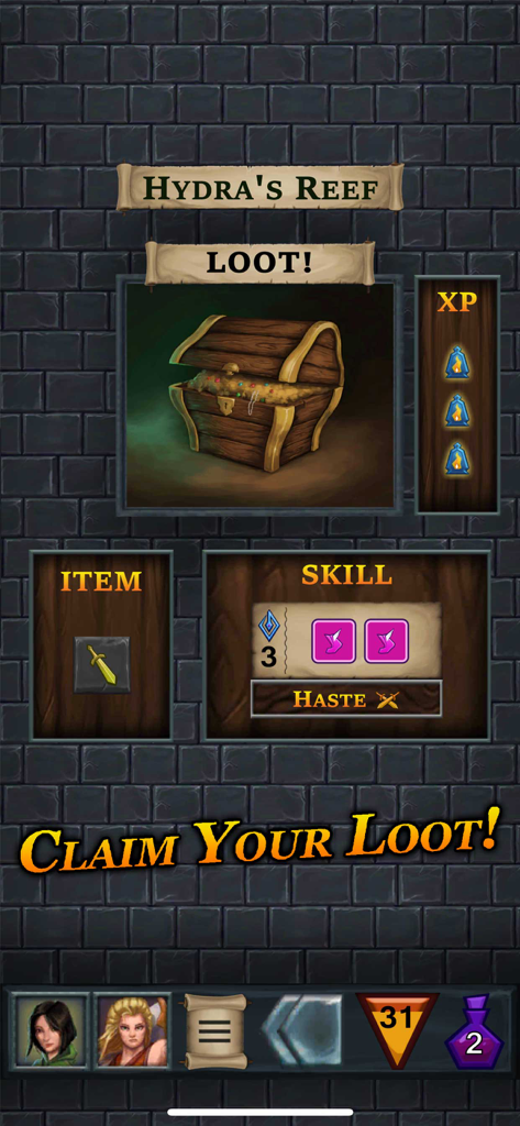 One Deck Dungeon reward screen showing a treasure chest items and skills from Hydra's Reef