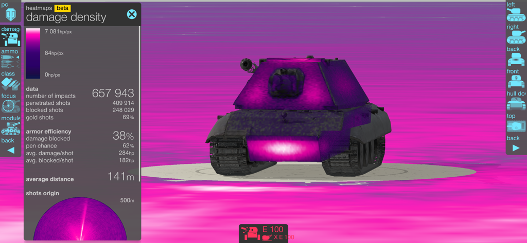 Armor Inspector: WoT PC,Blitz - Damage density heatmap and armor efficiency statistics for a tank in Armor Inspector