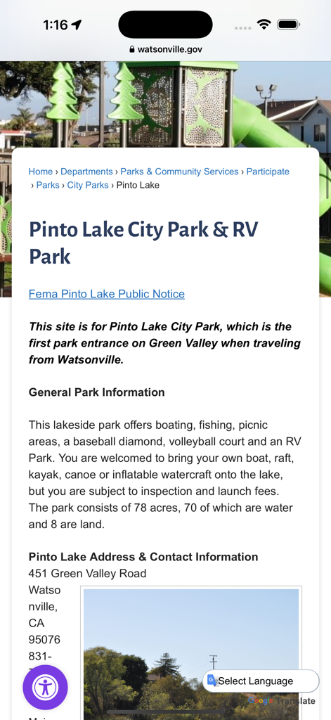Screenshot of the Pinto Lake City Park and RV Park information page in the RV Dump Stations app