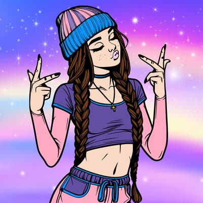 realistic teenage girl with braids and a beanie and crop top doing 🫶🏼