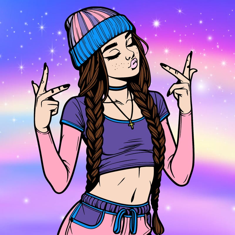 realistic teenage girl with braids and a beanie and crop top doing 🫶🏼