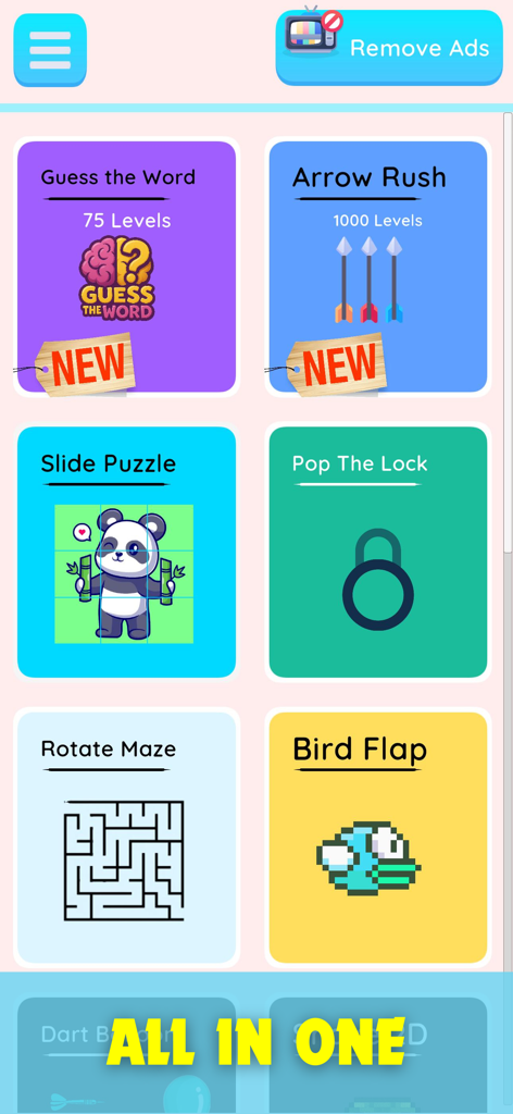 Offline Games Hub: Mini Games - App menu displaying a variety of offline mini games like word puzzles and mazes