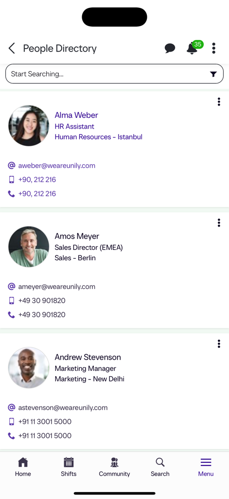 Unily Mobile app people directory screen showing employee contact profiles with job titles and email addresses