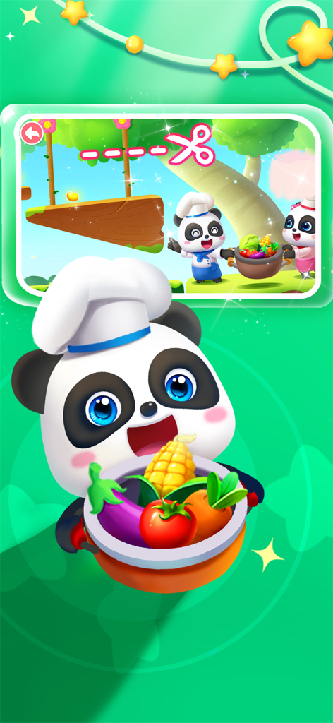 Little Panda’s Jewel Adventure - Little Panda dressed as a chef holding a pot of fresh vegetables in a logic puzzle game scene