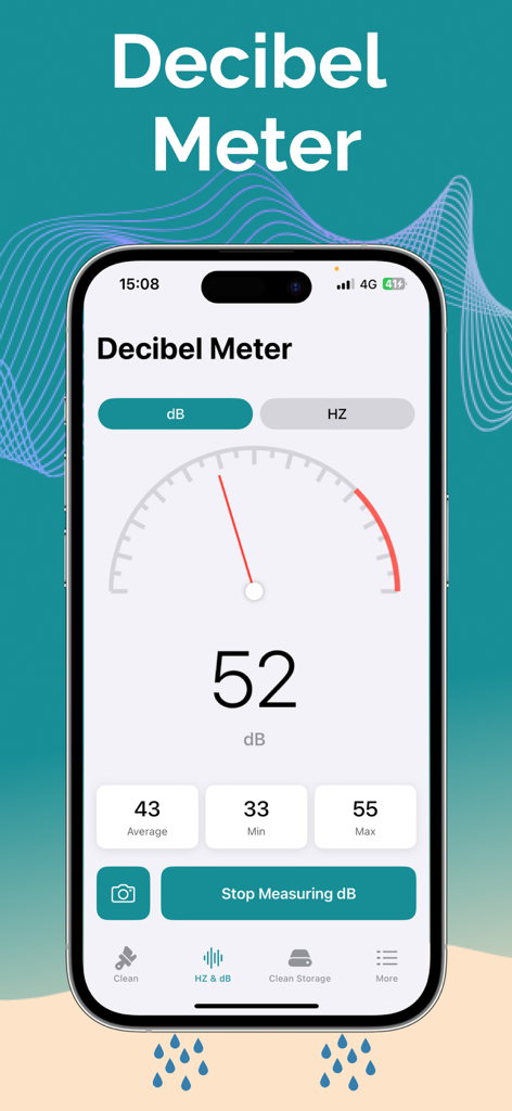iPhone screenshot of the Clear Wave app decibel meter showing a sound level measurement of 52 dB