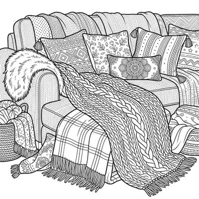 Indulge in the warmth and comfort of a beautifully arranged sofa overflowing with an array of cozy textiles and throws. This intricate coloring page invites you to explore various patterns and textures, creating a comforting scene of relaxation.