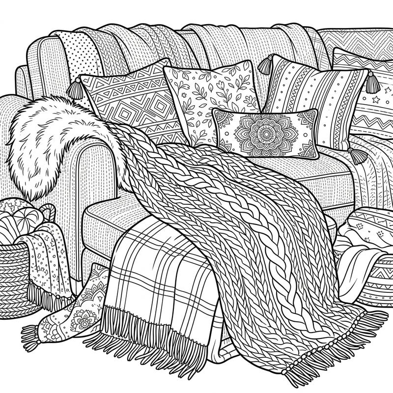 Indulge in the warmth and comfort of a beautifully arranged sofa overflowing with an array of cozy textiles and throws. This intricate coloring page invites you to explore various patterns and textures, creating a comforting scene of relaxation.