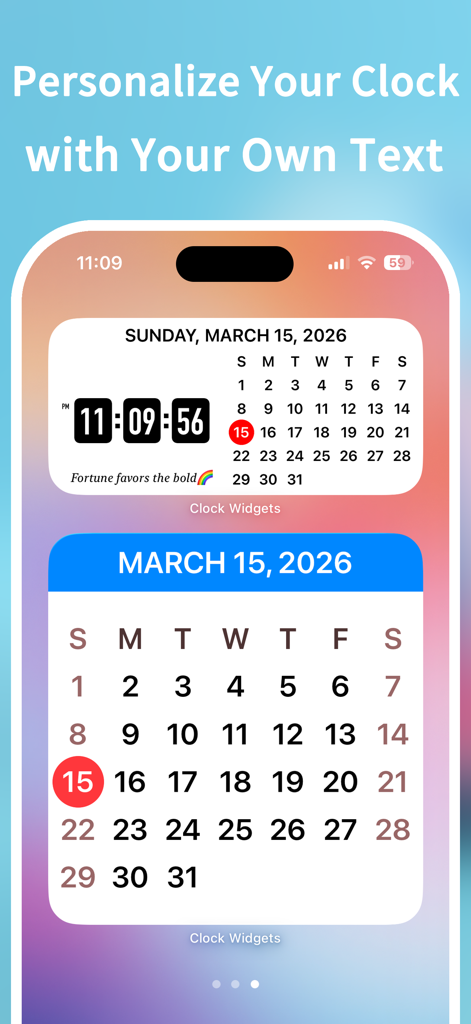 Clock Widget - Ultra HD Time - Custom clock and calendar widgets on an iPhone home screen with personalized text