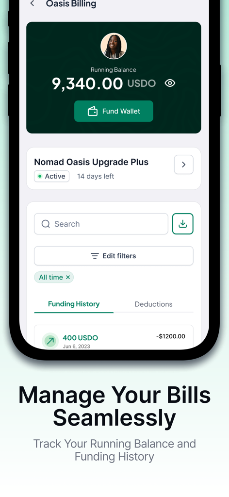 Nomad Internet Oasis App Abrechnungsoberfläche, die den Kontostand und den Zahlungsverlauf zeigt