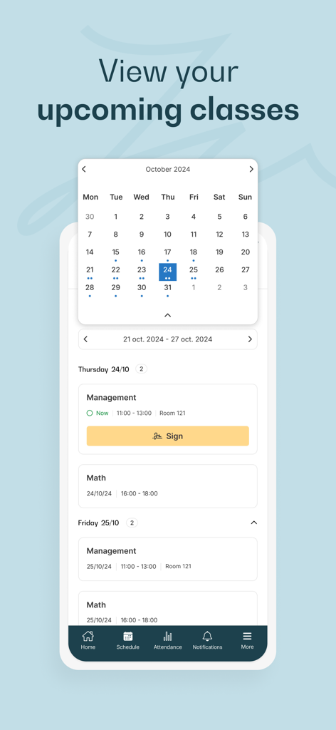 Edusign Student - Interface of the Edusign Student app showing a monthly calendar and a list of upcoming classes with a sign-in button for attendance.