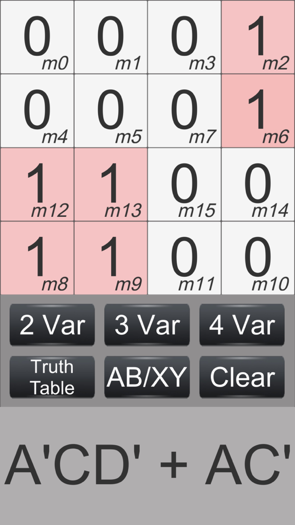 Kmap - Karnaugh map calculator interface showing 4 variable logic simplification
