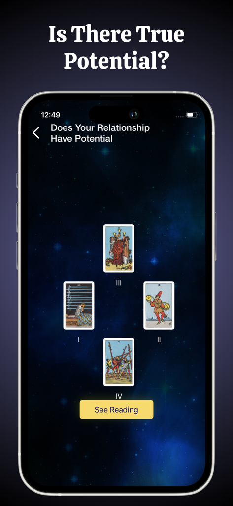 Tarot Card Reading: Yes or No - Interfaccia di lettura tarocchi che mostra una disposizione di carte per determinare il potenziale relazionale