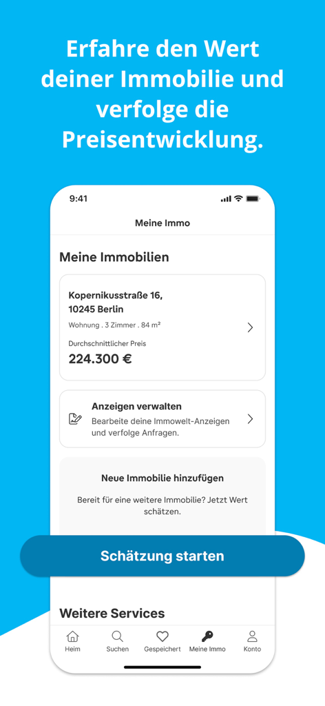 immonet Immobilien Suche - Interface de l'application Immonet affichant l'estimation de la valeur d'un bien immobilier et le suivi des prix pour une annonce immobilière à Berlin.