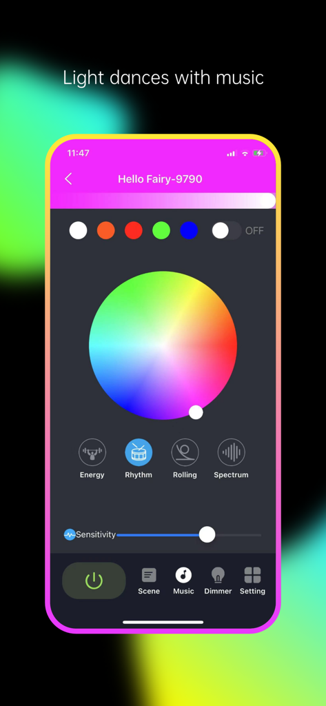 Hello Fairy - Interfaz de la aplicación Hello Fairy que muestra la función de sincronización de música con una rueda de colores y diferentes ritmos de iluminación como energía y espectro