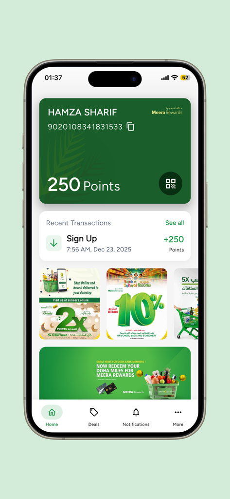 Meera Rewards - Meera Rewards app dashboard showing a digital membership card with a 250 points balance and promotional shopping offers.