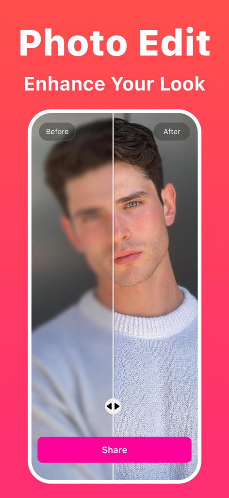 Texting AI - Wingman - A before and after comparison of a portrait using the photo enhancement feature to improve dating profile looks